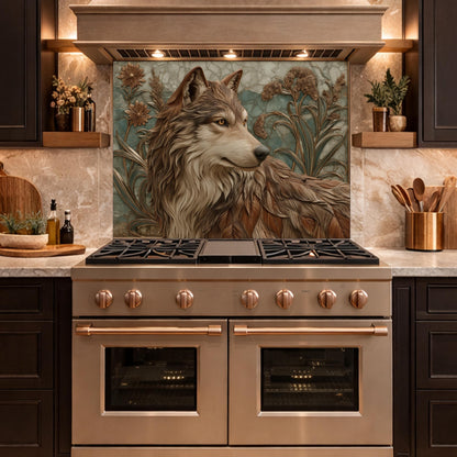 Noble Wolf & Botanical Wildflowers Tempered Glass Backsplash, Copper Relief Look Wall Panel, Stove Guard