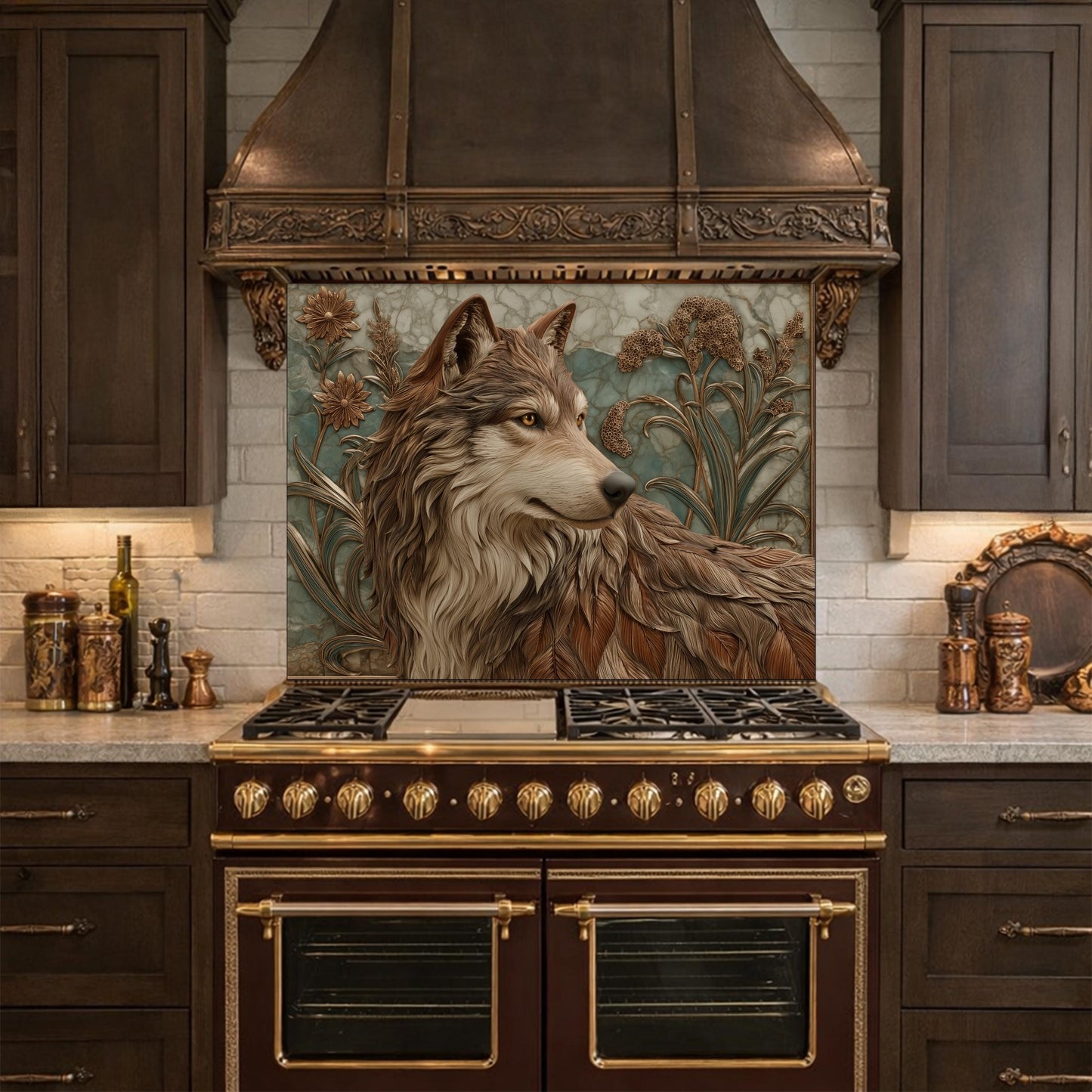 Noble Wolf & Botanical Wildflowers Tempered Glass Backsplash, Copper Relief Look Wall Panel, Stove Guard