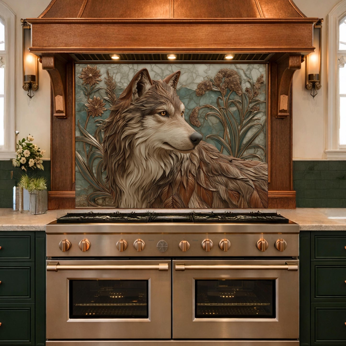 Noble Wolf & Botanical Wildflowers Tempered Glass Backsplash, Copper Relief Look Wall Panel, Stove Guard