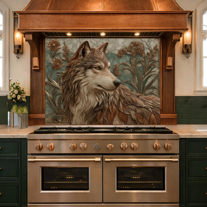 Noble Wolf & Botanical Wildflowers Tempered Glass Backsplash, Copper Relief Look Wall Panel, Stove Guard