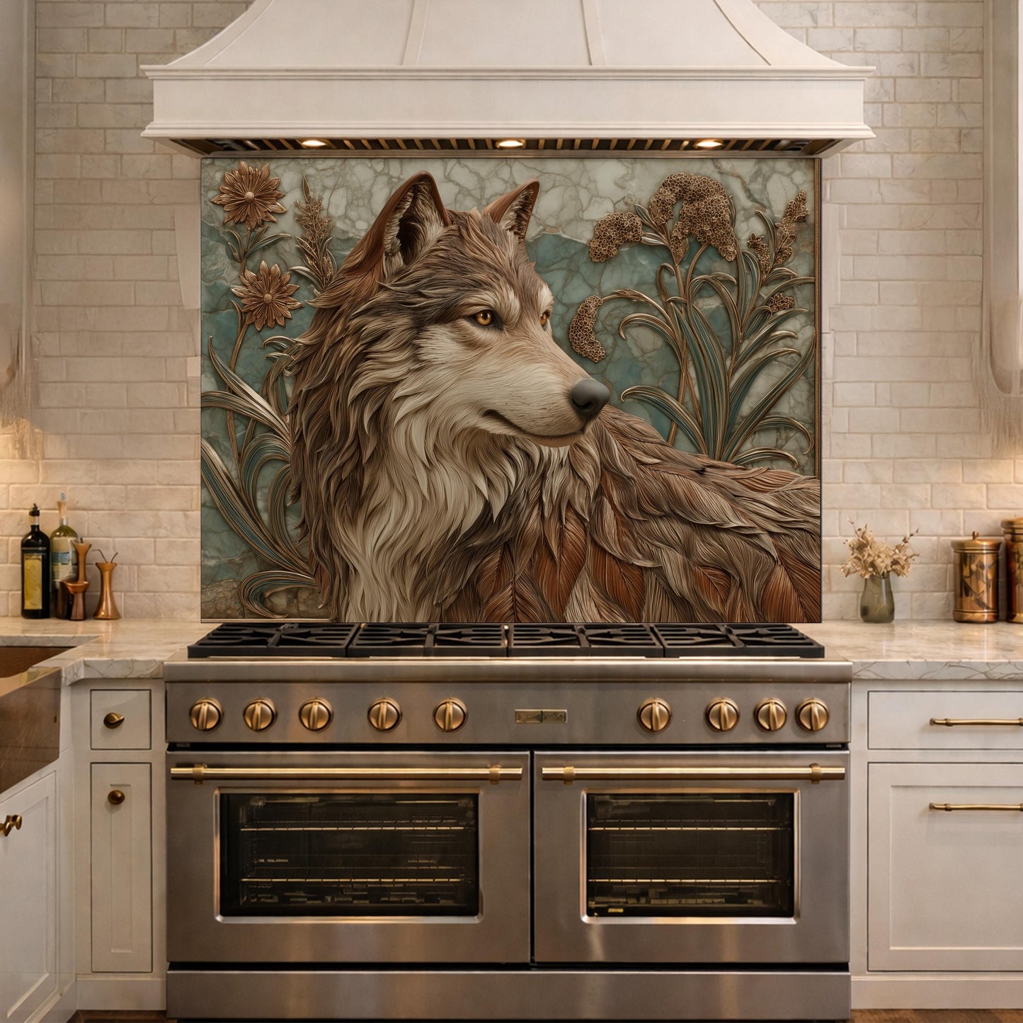 Noble Wolf & Botanical Wildflowers Tempered Glass Backsplash, Copper Relief Look Wall Panel, Stove Guard