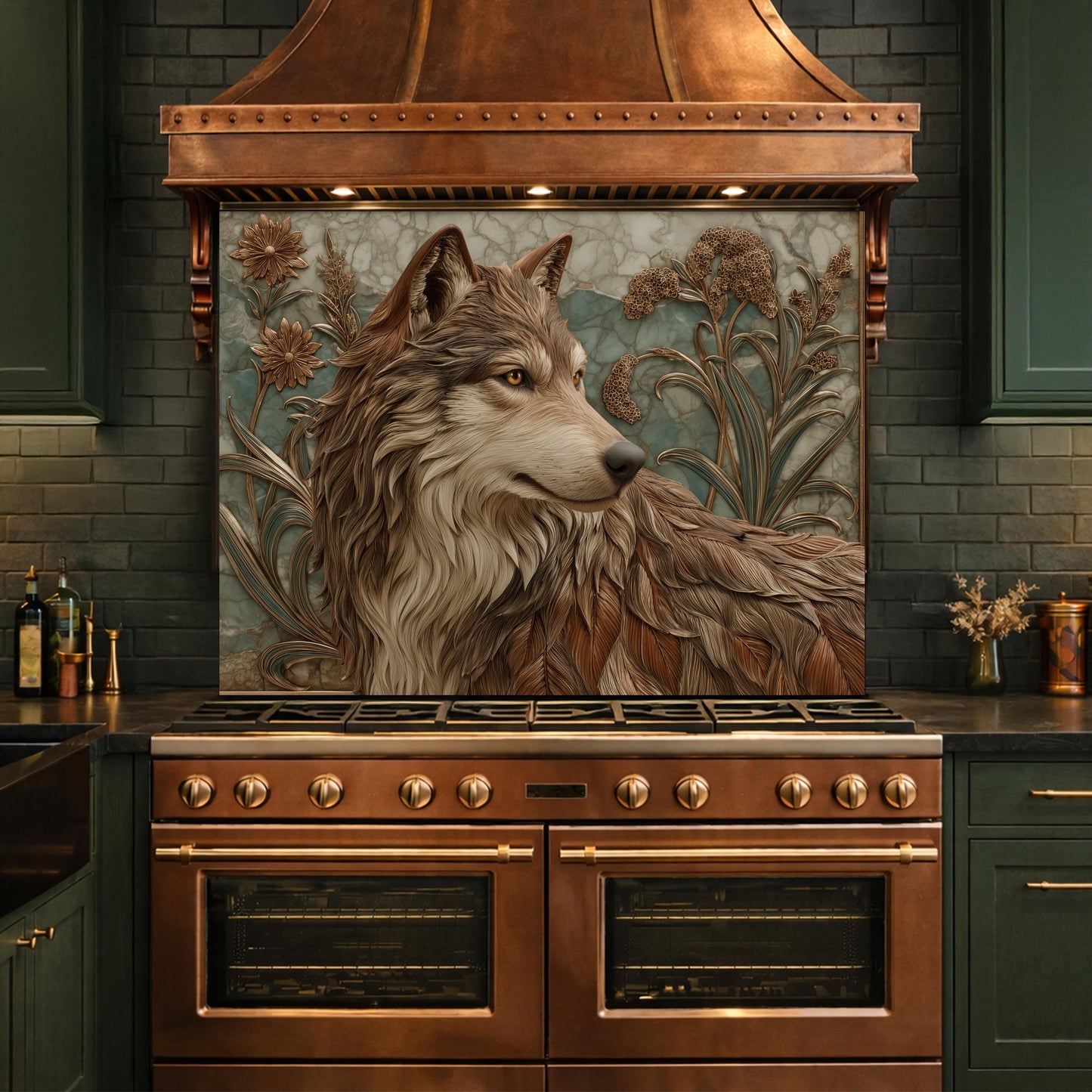 Noble Wolf & Botanical Wildflowers Tempered Glass Backsplash, Copper Relief Look Wall Panel, Stove Guard