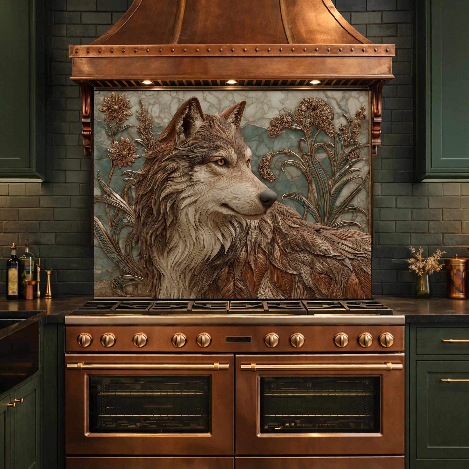 Noble Wolf & Botanical Wildflowers Tempered Glass Backsplash, Copper Relief Look Wall Panel, Stove Guard