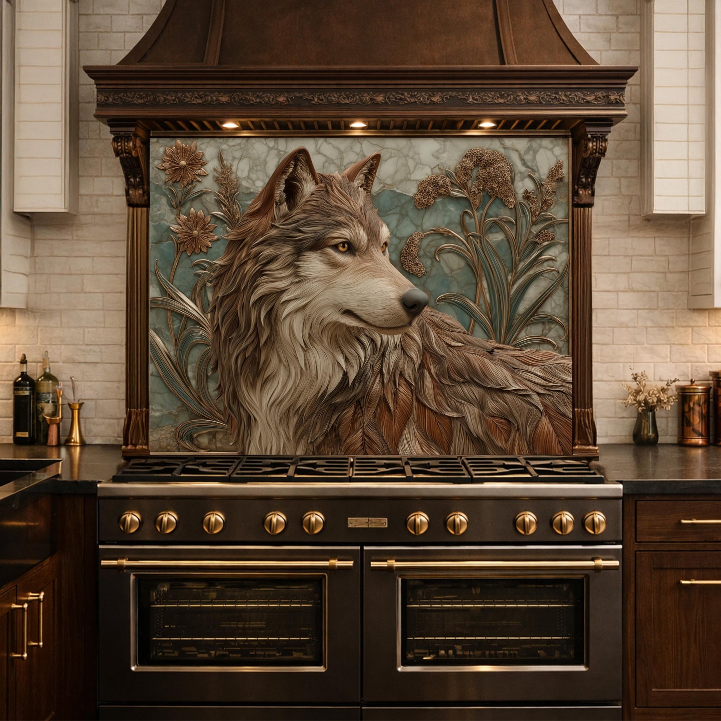 Noble Wolf & Botanical Wildflowers Tempered Glass Backsplash, Copper Relief Look Wall Panel, Stove Guard