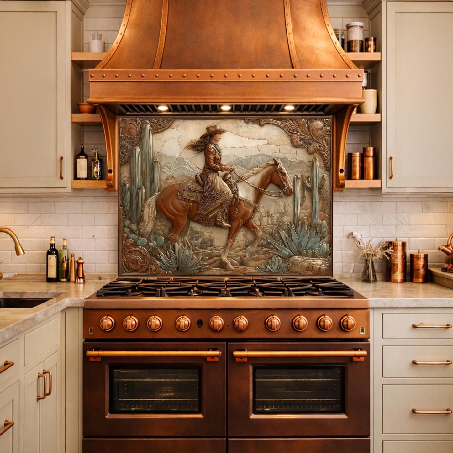 Desert Cowgirl & Horse Tempered Glass Backsplash, Copper Relief Look Wall Panel, Stove Guard