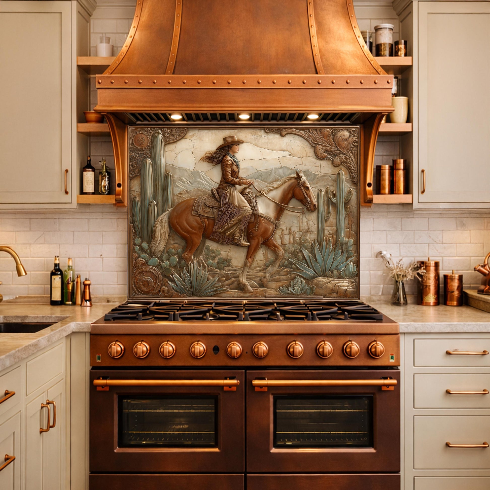 Desert Cowgirl & Horse Tempered Glass Backsplash, Copper Relief Look Wall Panel, Stove Guard