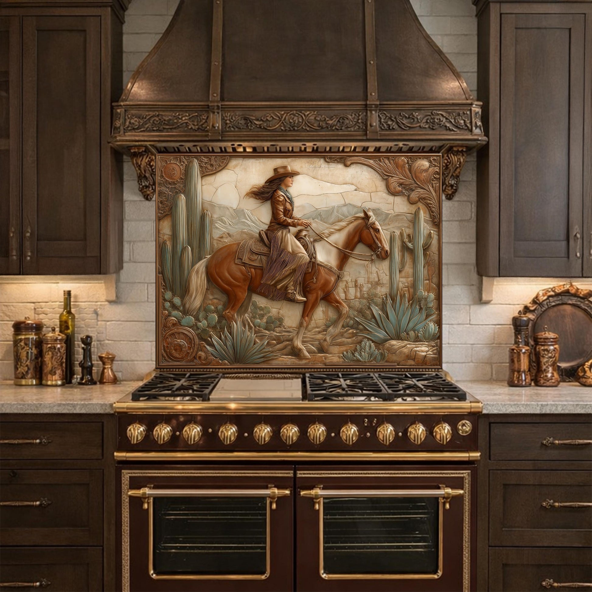Desert Cowgirl & Horse Tempered Glass Backsplash, Copper Relief Look Wall Panel, Stove Guard