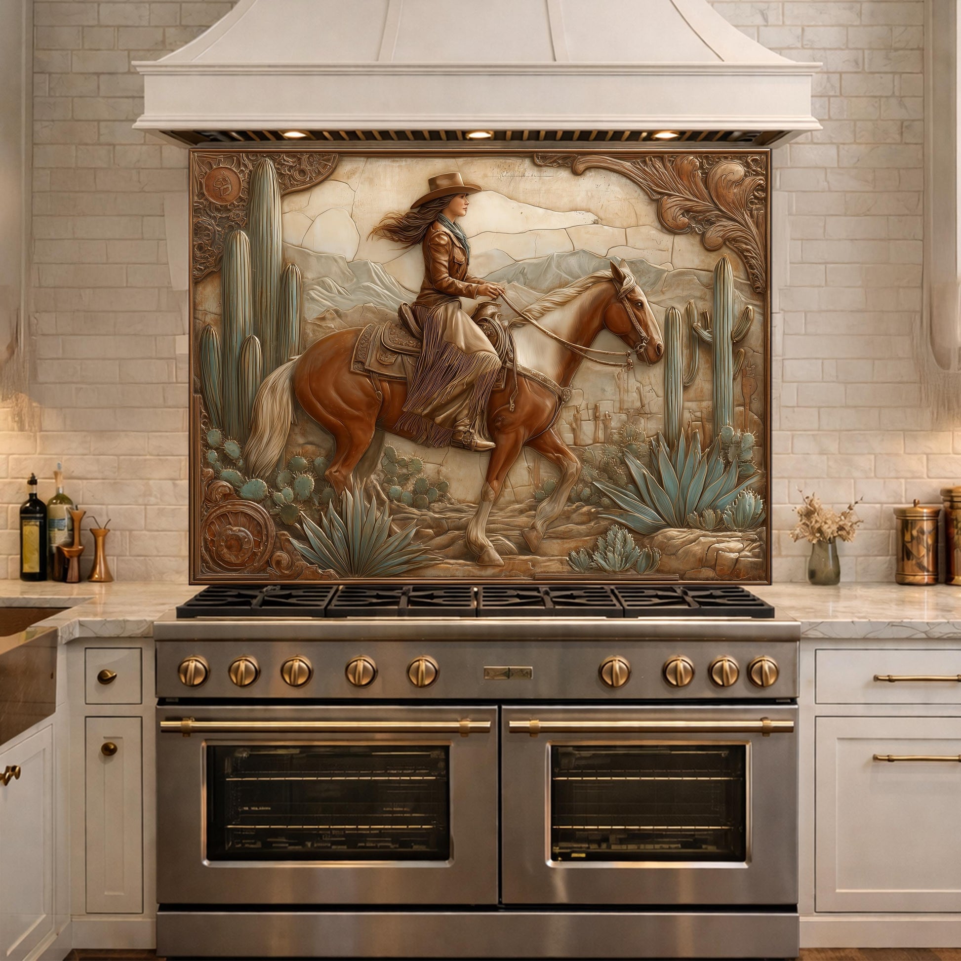 Desert Cowgirl & Horse Tempered Glass Backsplash, Copper Relief Look Wall Panel, Stove Guard