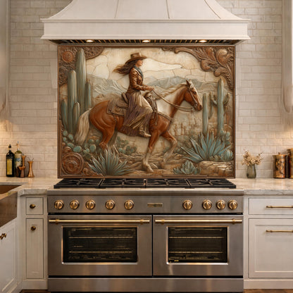 Desert Cowgirl & Horse Tempered Glass Backsplash, Copper Relief Look Wall Panel, Stove Guard