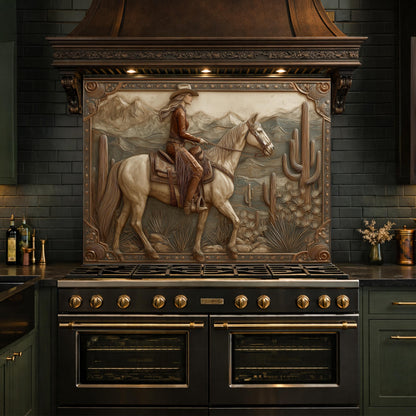 Desert Horse & Cowgirl Tempered Glass Backsplash, Copper Relief Look Wall Panel, Stove Guard