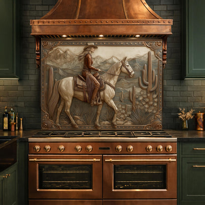 Desert Horse & Cowgirl Tempered Glass Backsplash, Copper Relief Look Wall Panel, Stove Guard