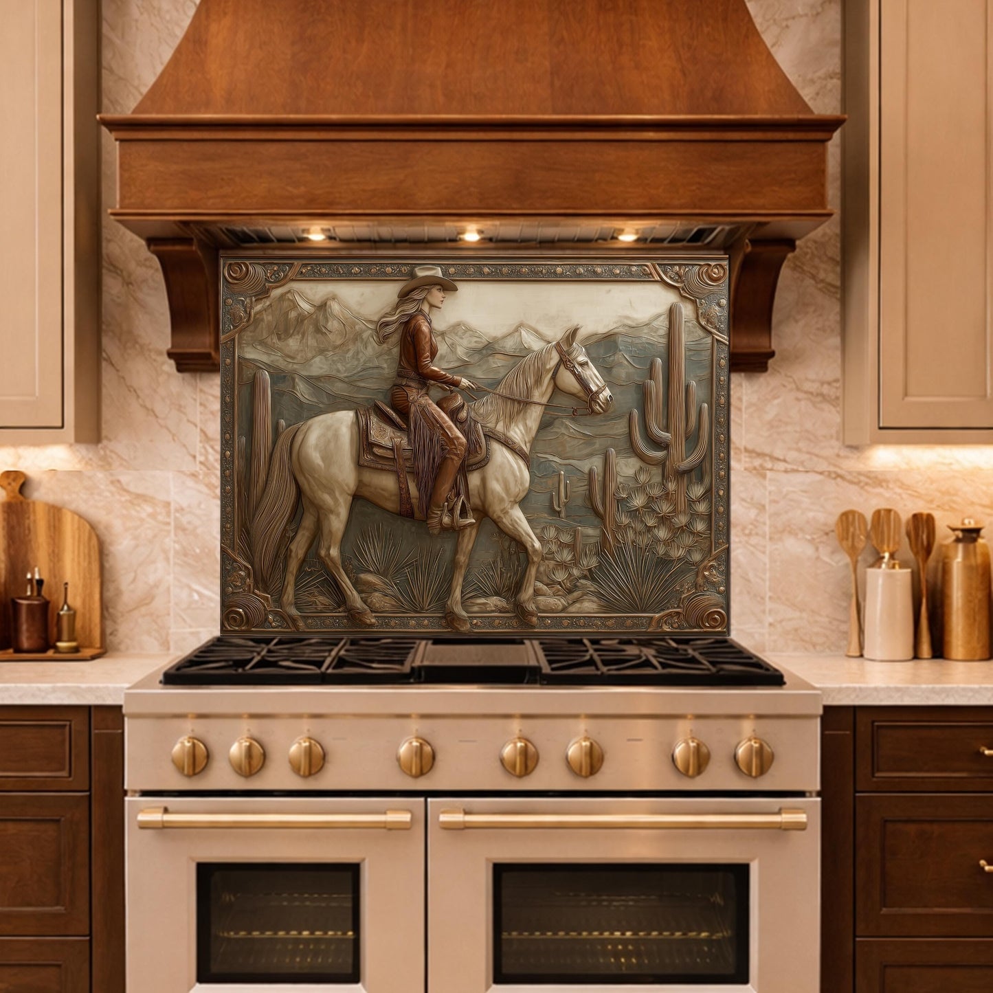 Desert Horse & Cowgirl Tempered Glass Backsplash, Copper Relief Look Wall Panel, Stove Guard
