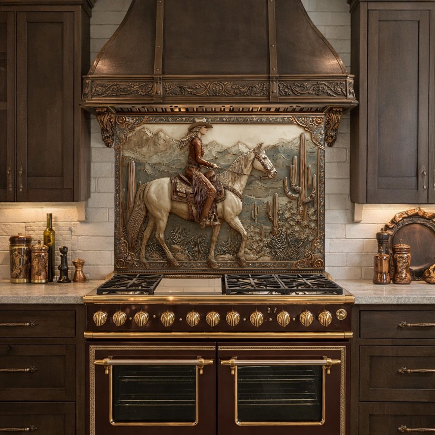 Desert Horse & Cowgirl Tempered Glass Backsplash, Copper Relief Look Wall Panel, Stove Guard