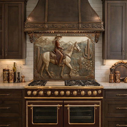 Desert Horse & Cowgirl Tempered Glass Backsplash, Copper Relief Look Wall Panel, Stove Guard