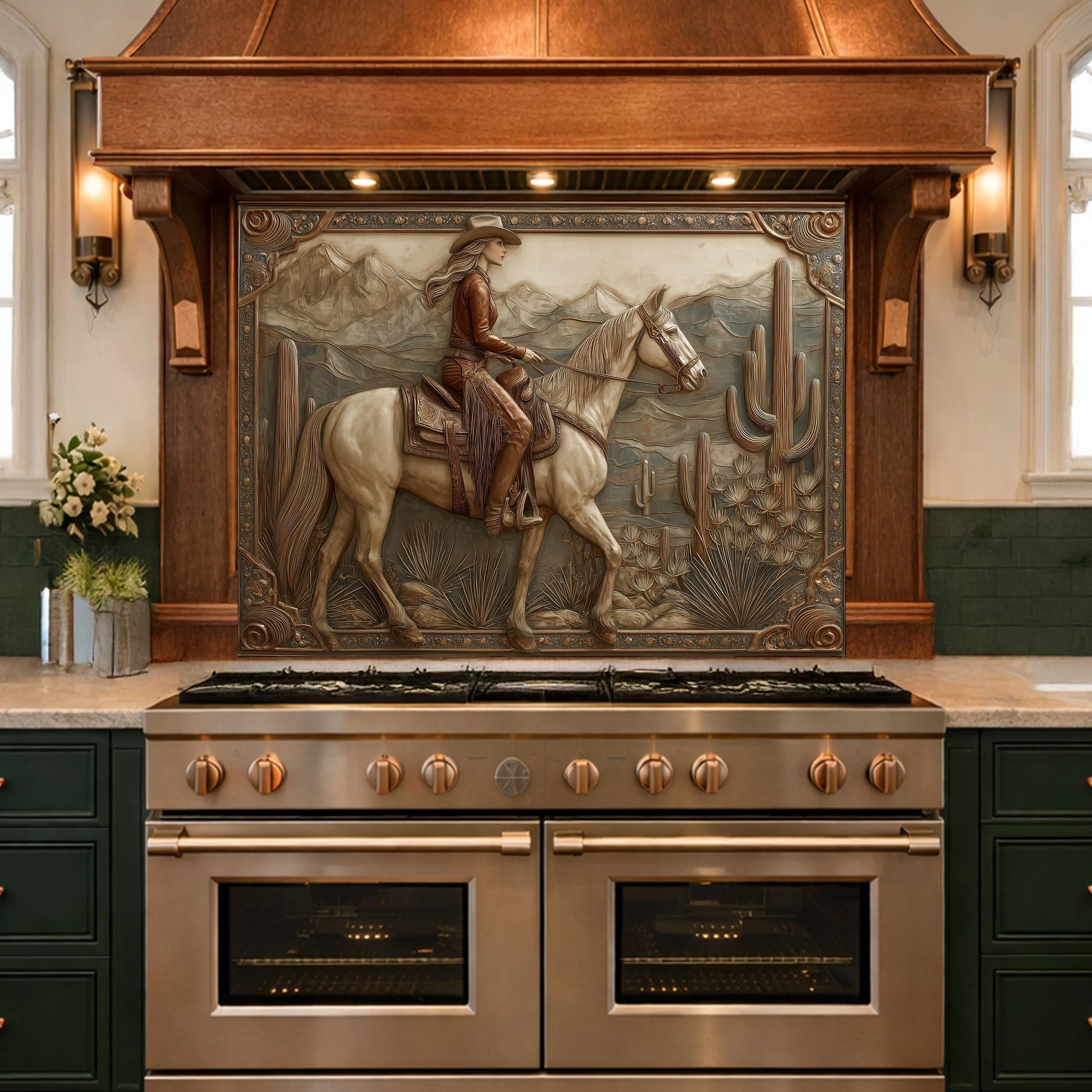 Desert Horse & Cowgirl Tempered Glass Backsplash, Copper Relief Look Wall Panel, Stove Guard