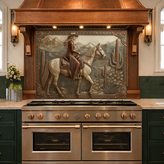 Desert Horse & Cowgirl Tempered Glass Backsplash, Copper Relief Look Wall Panel, Stove Guard