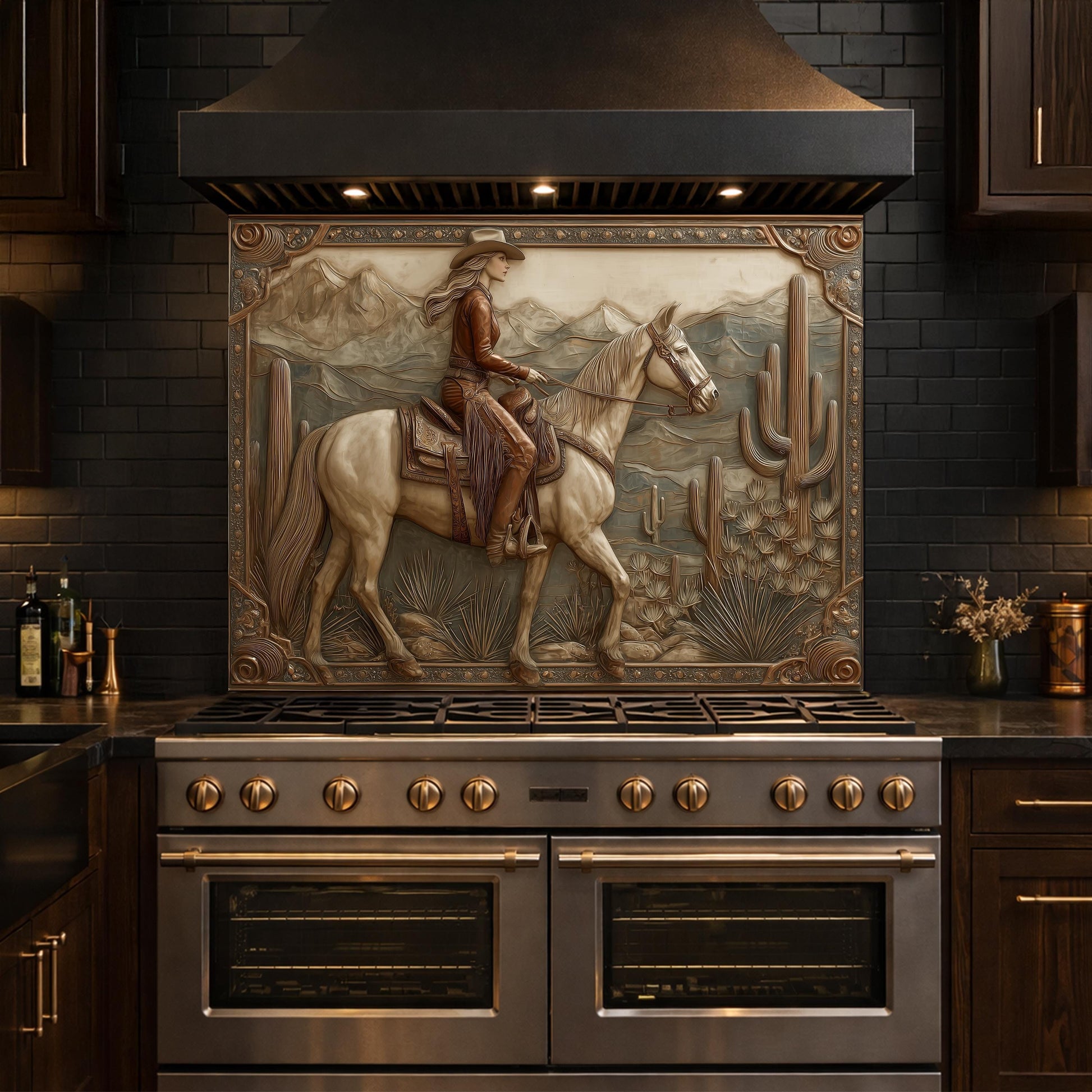 Desert Horse & Cowgirl Tempered Glass Backsplash, Copper Relief Look Wall Panel, Stove Guard