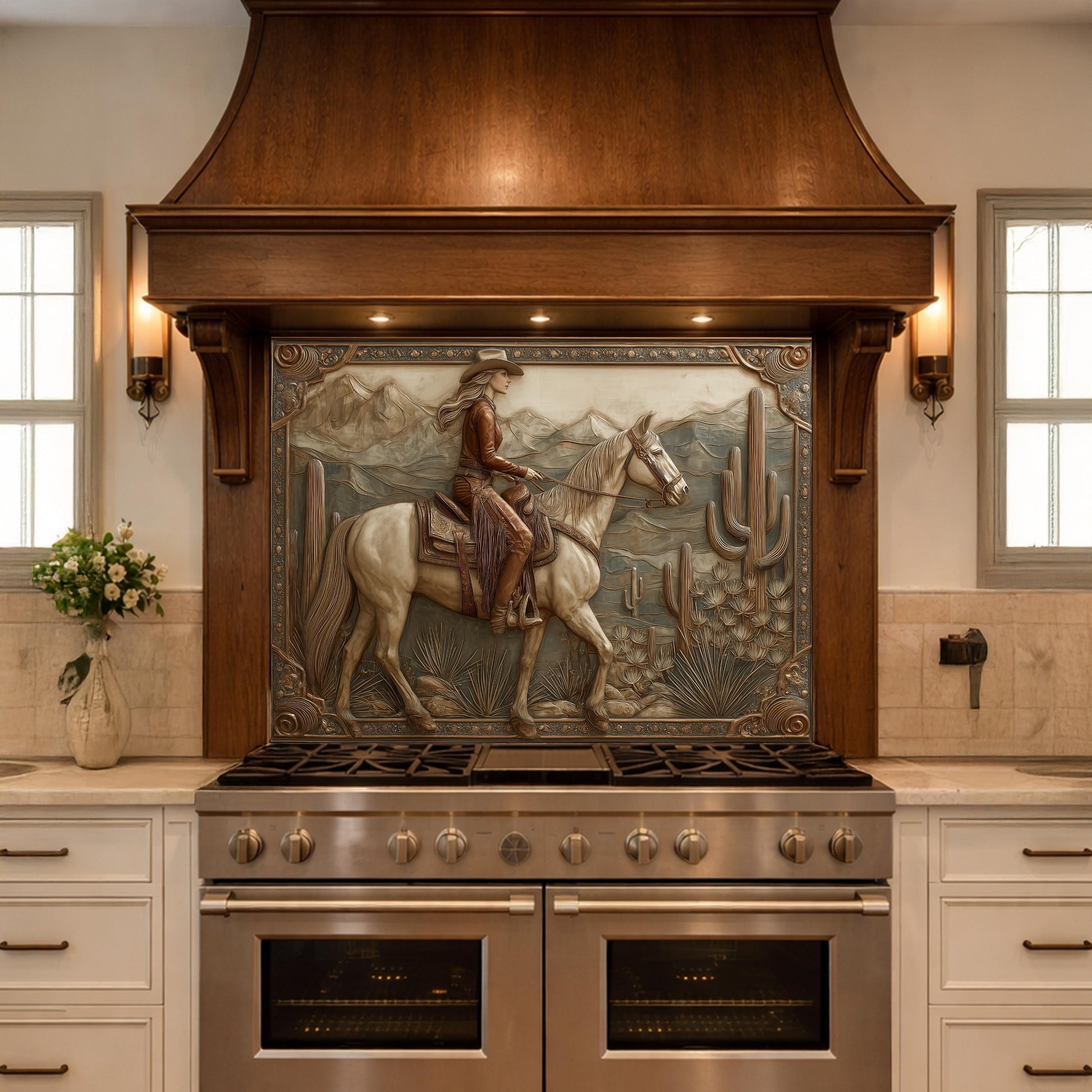 Desert Horse & Cowgirl Tempered Glass Backsplash, Copper Relief Look Wall Panel, Stove Guard