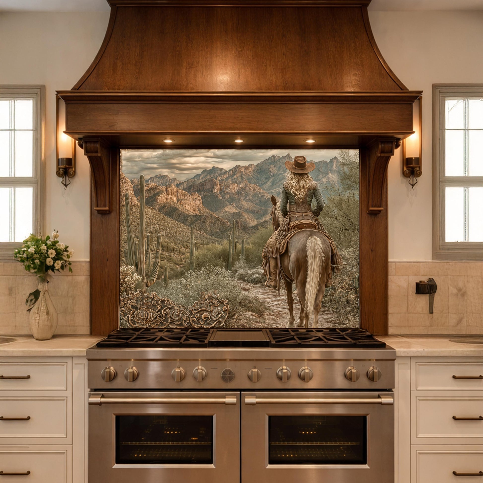 Western Cowgirl & Mountain Vista Tempered Glass Backsplash, Copper Relief Look Wall Panel, Stove Guard
