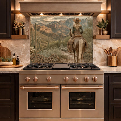 Western Cowgirl & Mountain Vista Tempered Glass Backsplash, Copper Relief Look Wall Panel, Stove Guard