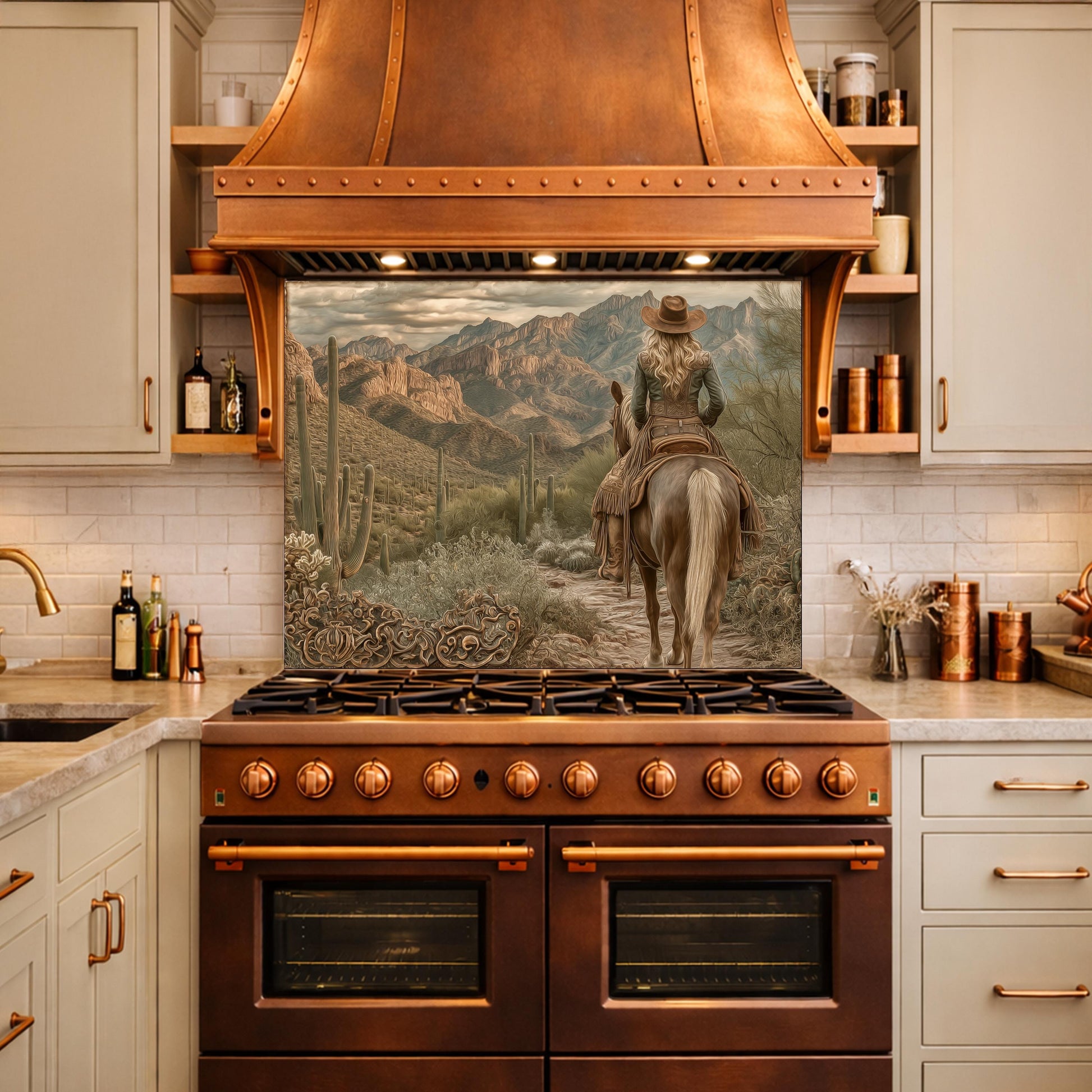 Western Cowgirl & Mountain Vista Tempered Glass Backsplash, Copper Relief Look Wall Panel, Stove Guard