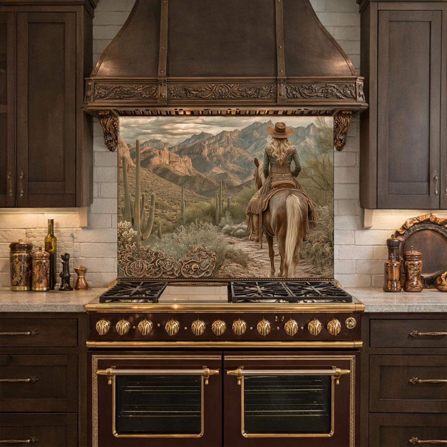 Western Cowgirl & Mountain Vista Tempered Glass Backsplash, Copper Relief Look Wall Panel, Stove Guard