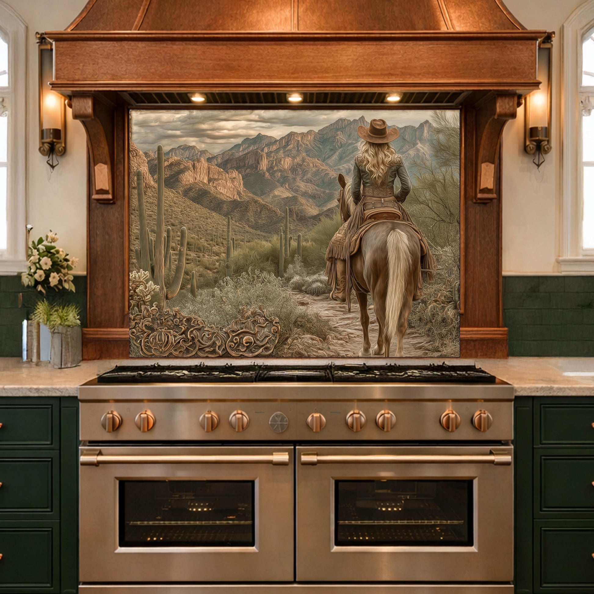 Western Cowgirl & Mountain Vista Tempered Glass Backsplash, Copper Relief Look Wall Panel, Stove Guard