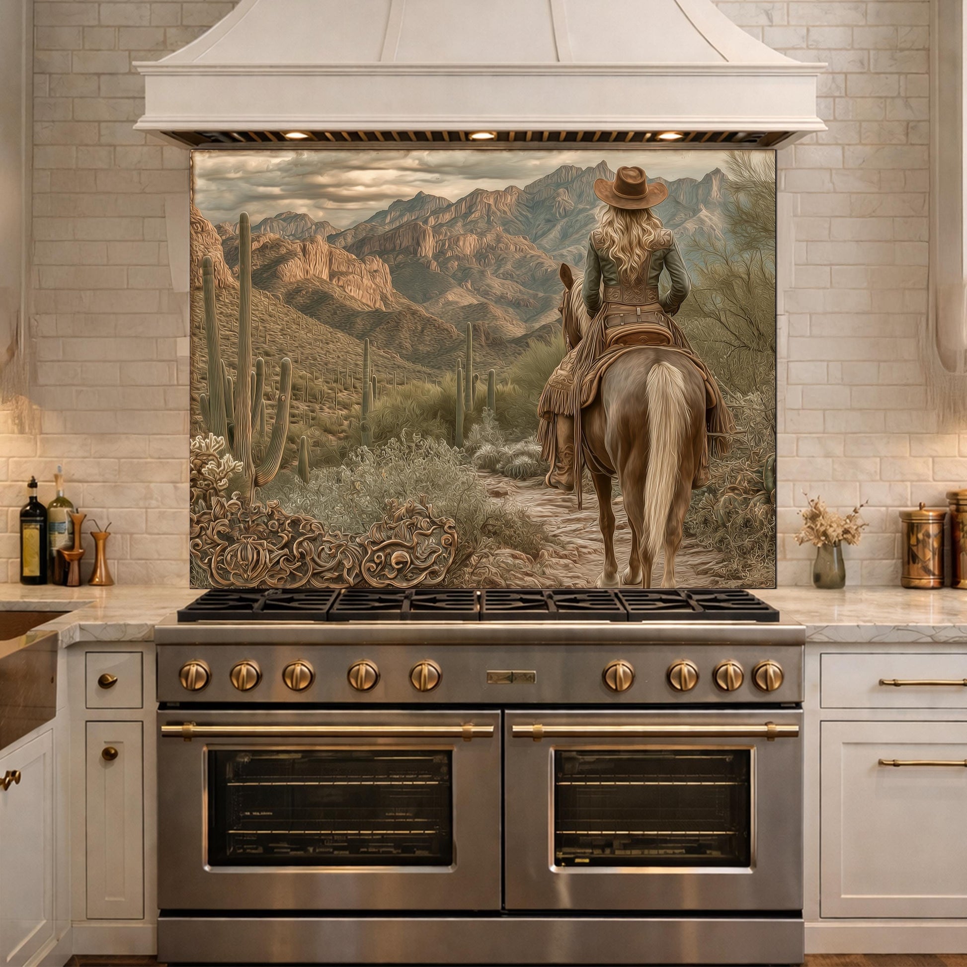 Western Cowgirl & Mountain Vista Tempered Glass Backsplash, Copper Relief Look Wall Panel, Stove Guard