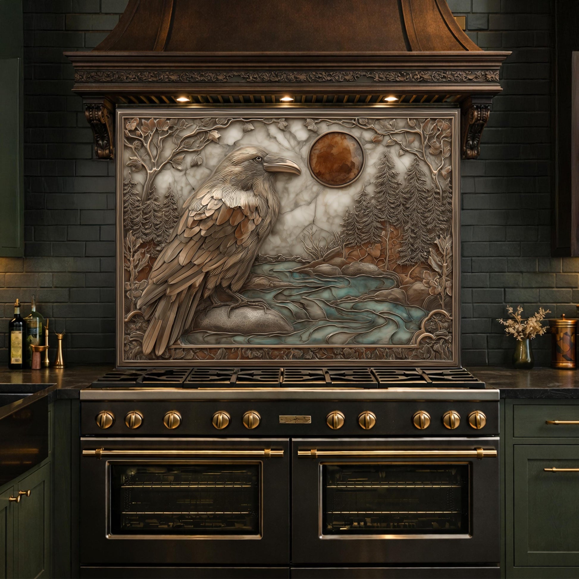 Mythical Raven & Forest River Tempered Glass Backsplash, Copper Relief Look Wall Panel, Stove Guard