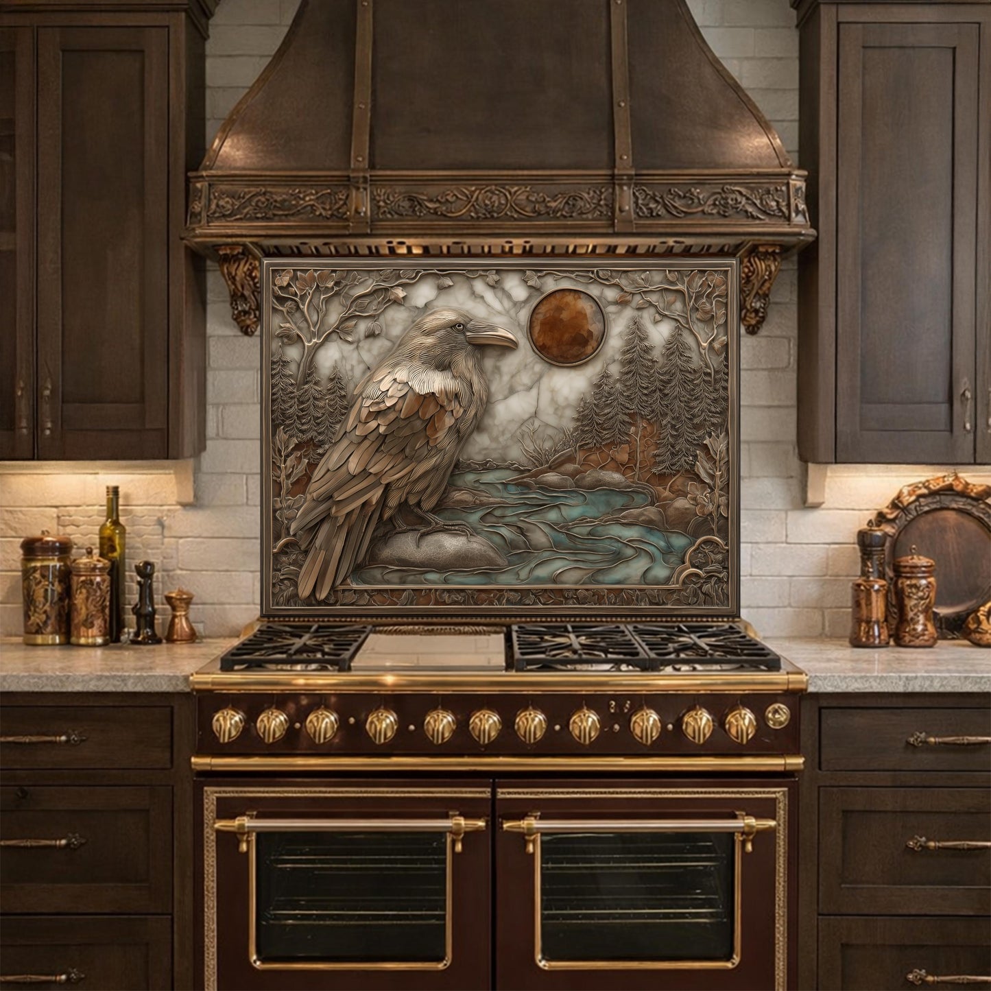 Mythical Raven & Forest River Tempered Glass Backsplash, Copper Relief Look Wall Panel, Stove Guard