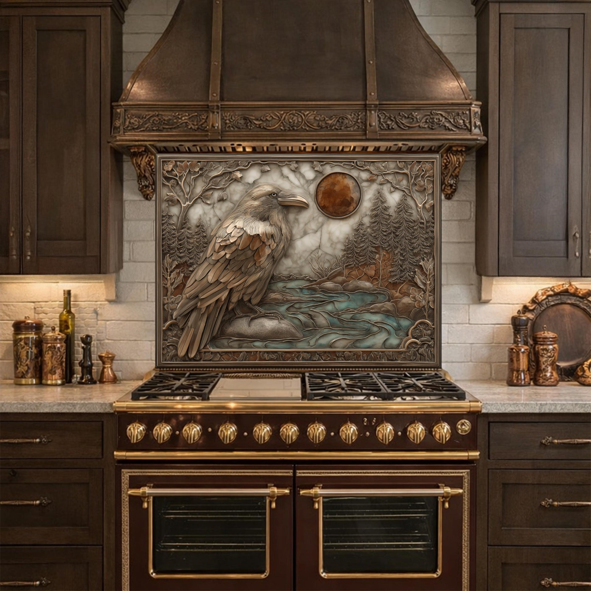 Mythical Raven & Forest River Tempered Glass Backsplash, Copper Relief Look Wall Panel, Stove Guard