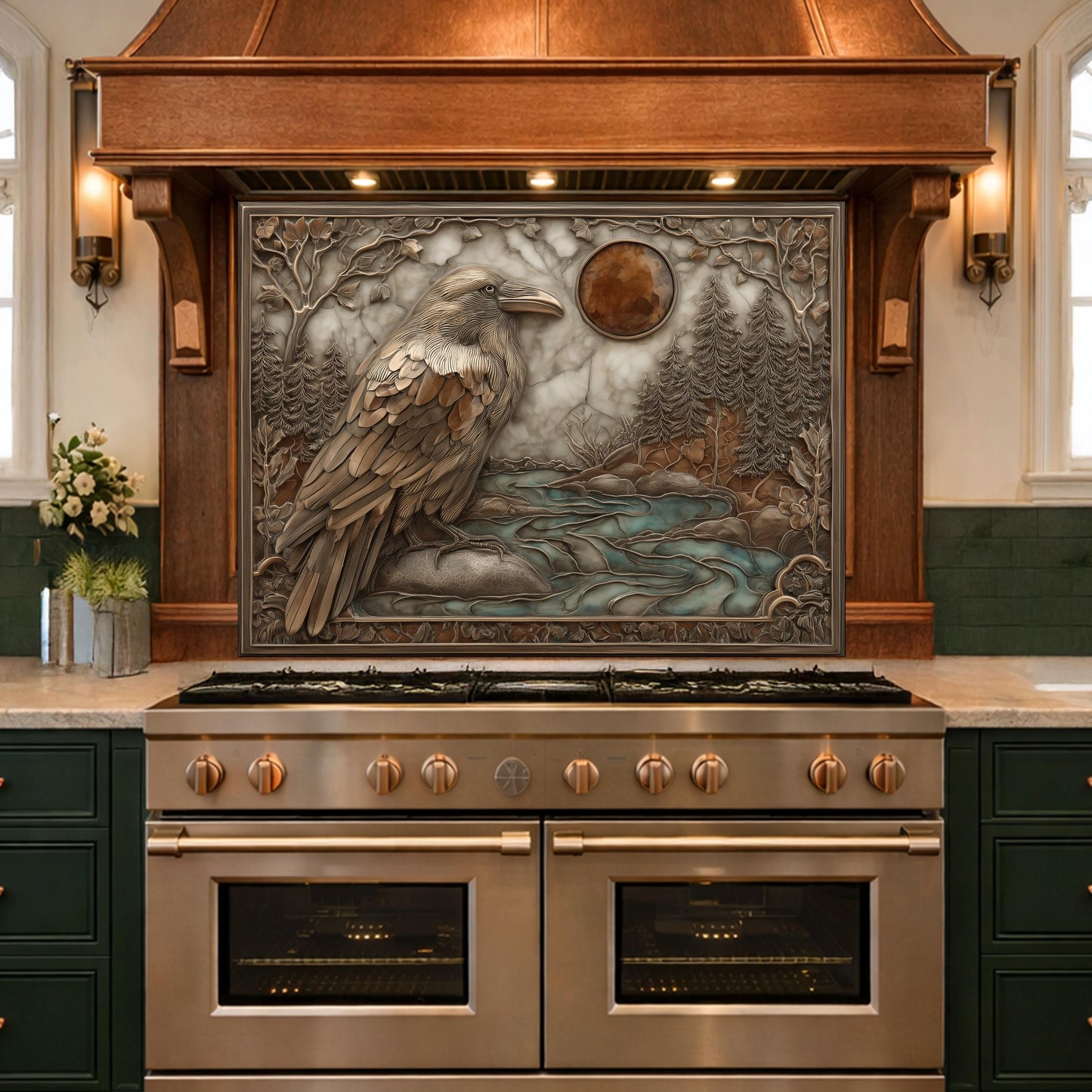 Mythical Raven & Forest River Tempered Glass Backsplash, Copper Relief Look Wall Panel, Stove Guard