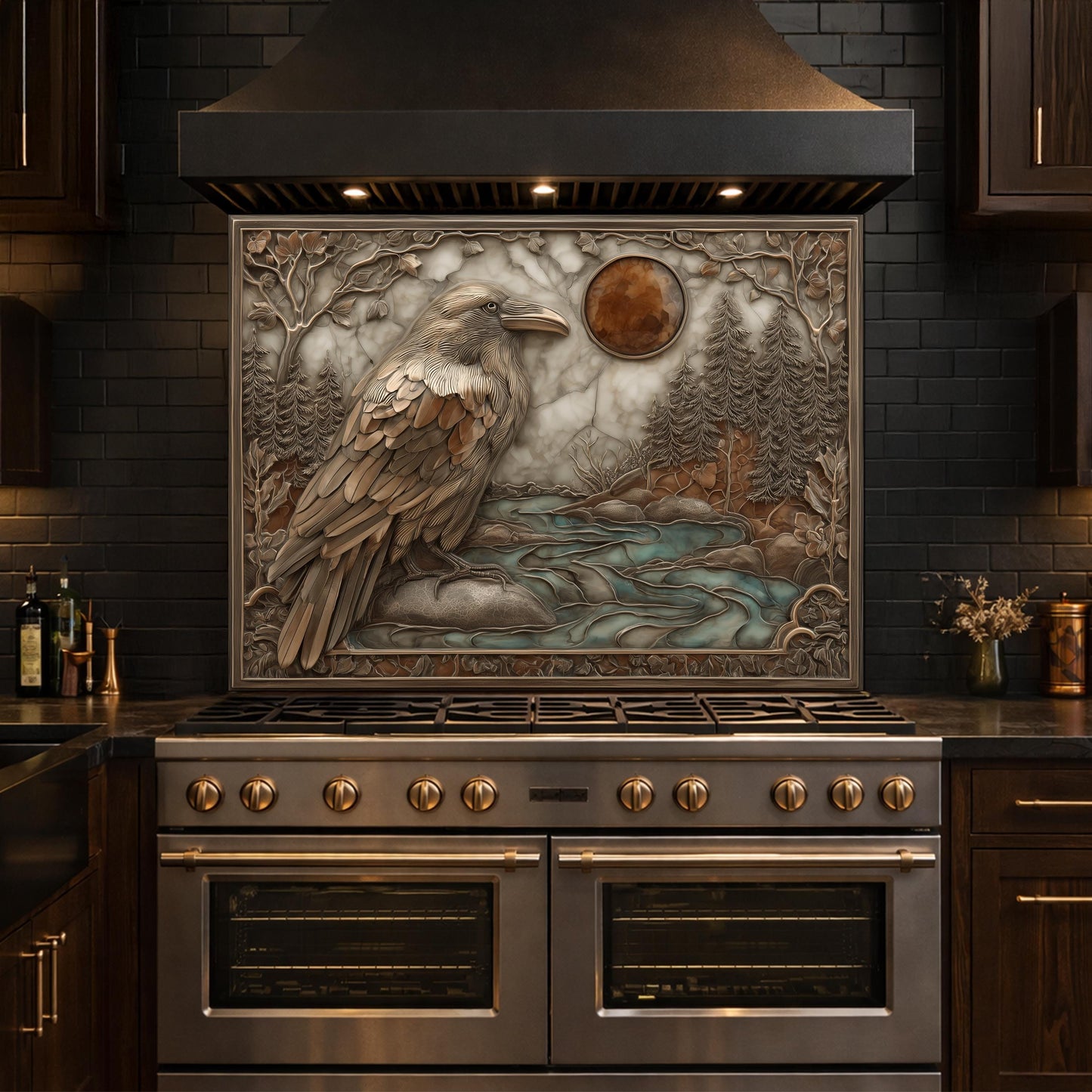 Mythical Raven & Forest River Tempered Glass Backsplash, Copper Relief Look Wall Panel, Stove Guard