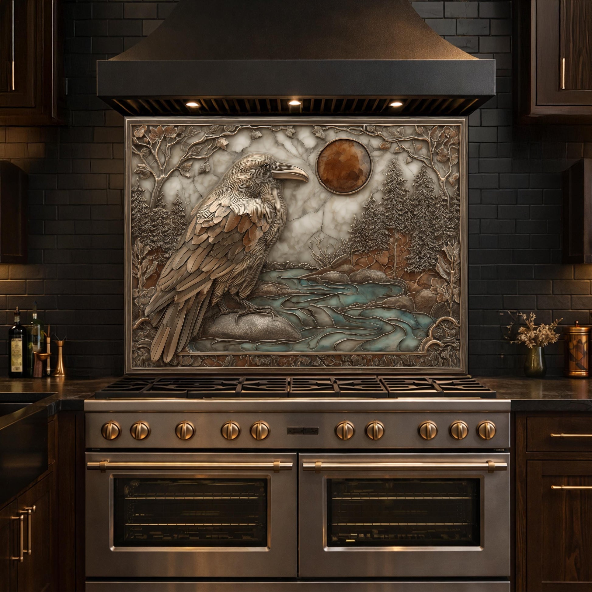 Mythical Raven & Forest River Tempered Glass Backsplash, Copper Relief Look Wall Panel, Stove Guard
