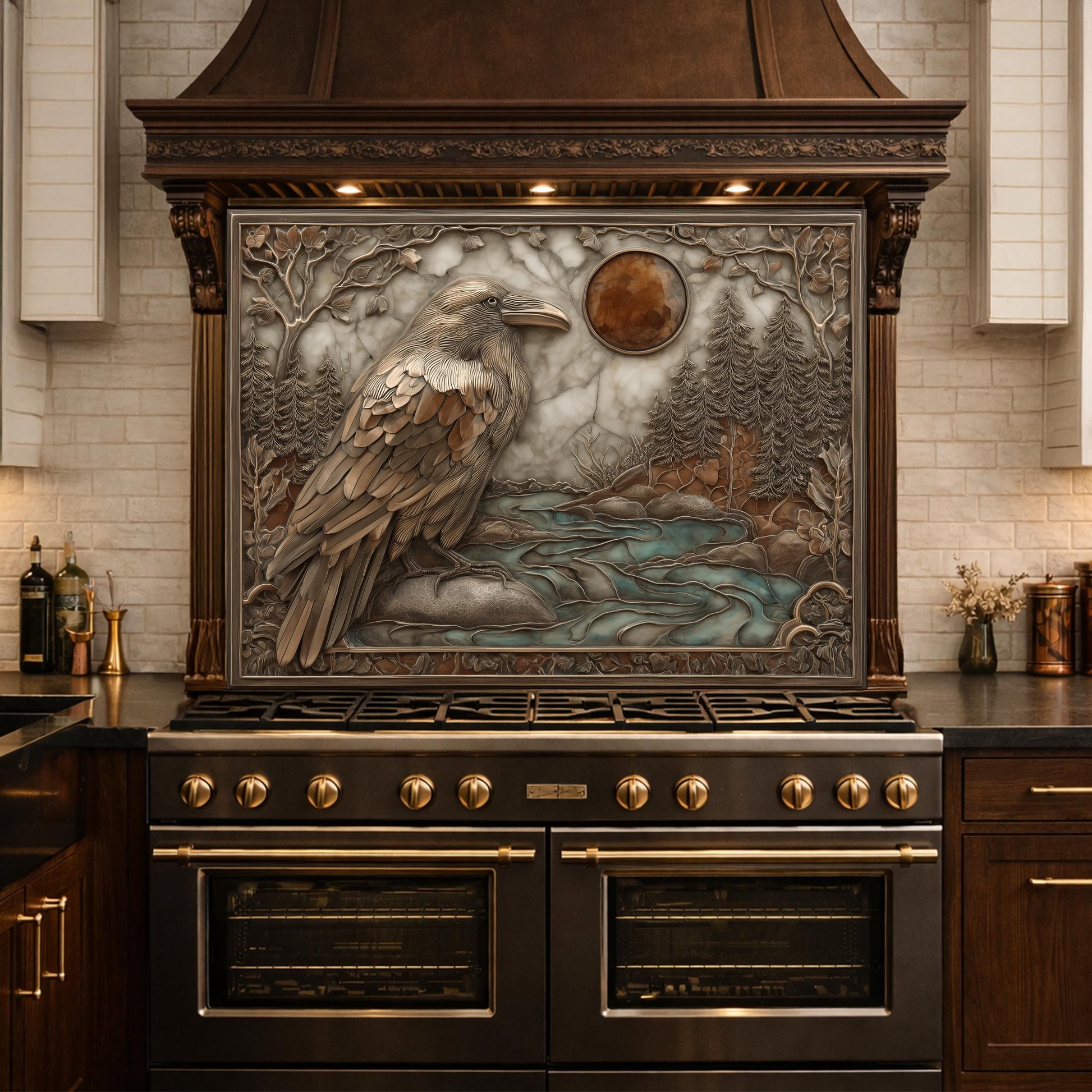 Mythical Raven & Forest River Tempered Glass Backsplash, Copper Relief Look Wall Panel, Stove Guard