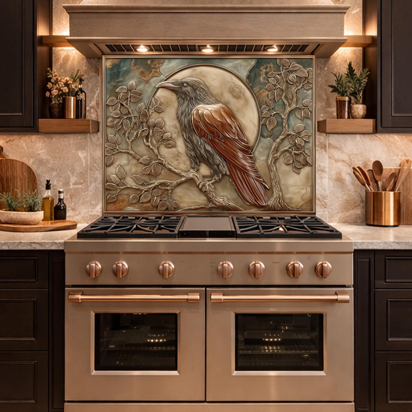 Mythical Raven & Full Moon Tempered Glass Backsplash, Copper Relief Look Wall Panel, Stove Guard