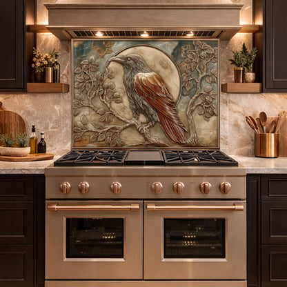 Mythical Raven & Full Moon Tempered Glass Backsplash, Copper Relief Look Wall Panel, Stove Guard