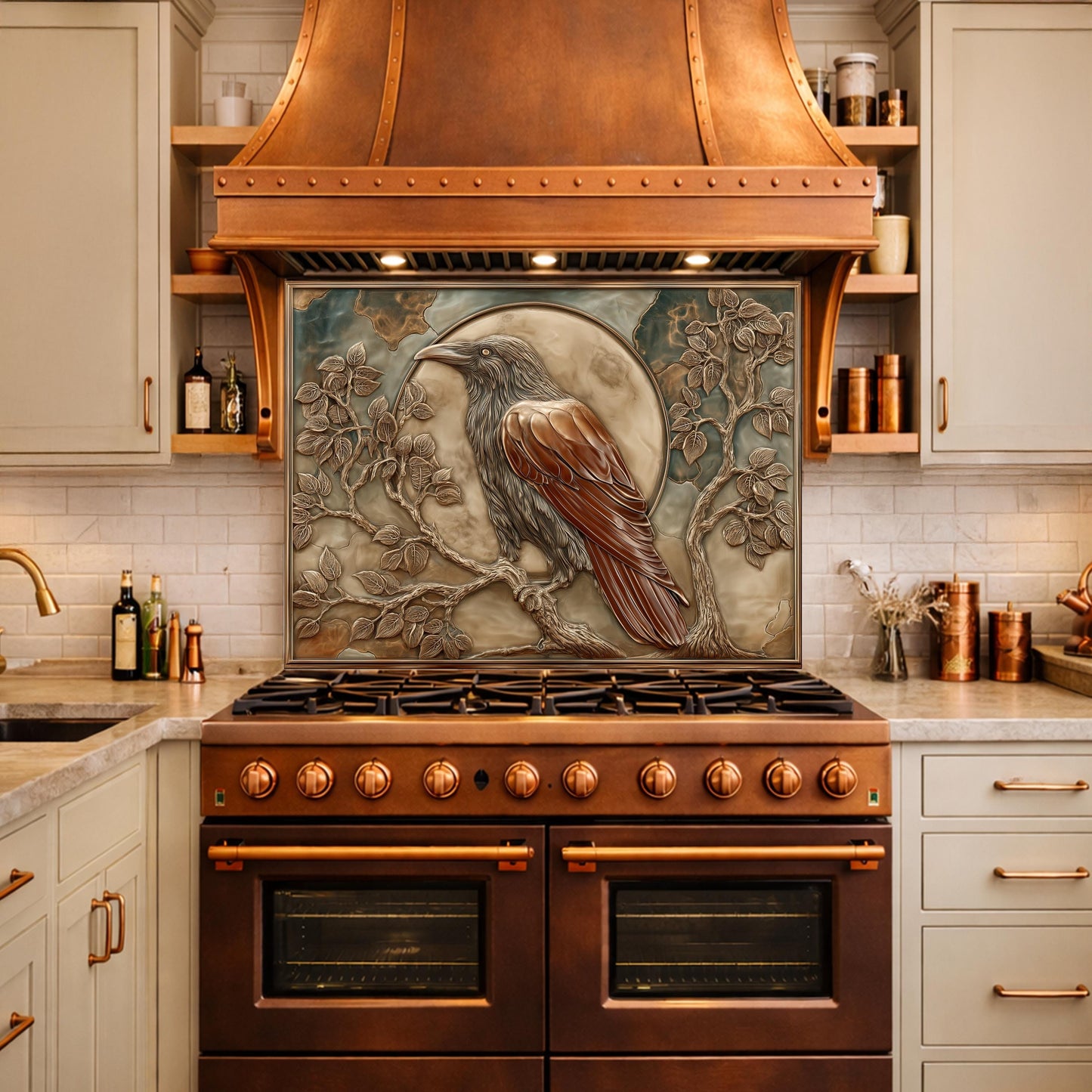 Mythical Raven & Full Moon Tempered Glass Backsplash, Copper Relief Look Wall Panel, Stove Guard