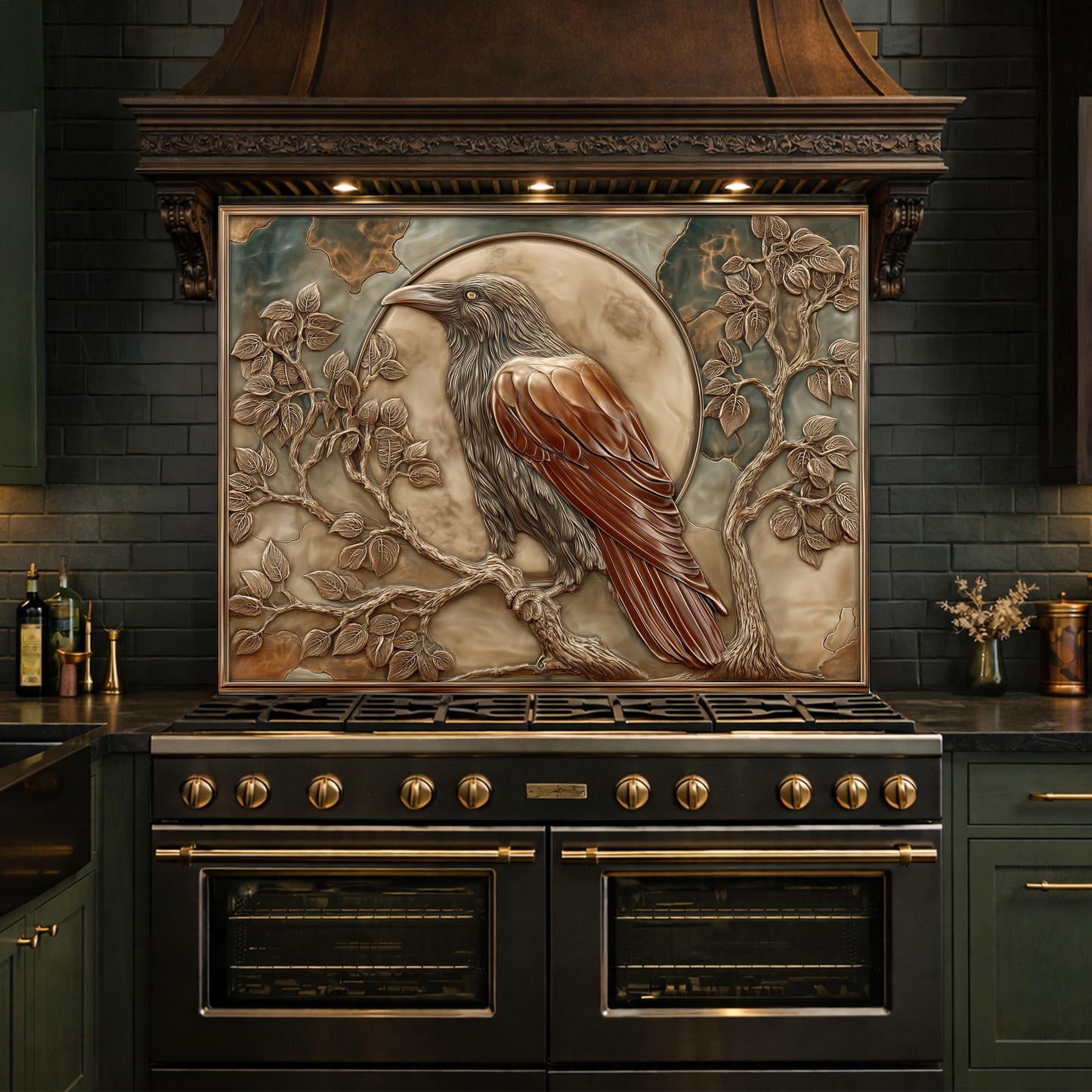 Mythical Raven & Full Moon Tempered Glass Backsplash, Copper Relief Look Wall Panel, Stove Guard