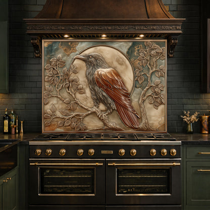 Mythical Raven & Full Moon Tempered Glass Backsplash, Copper Relief Look Wall Panel, Stove Guard