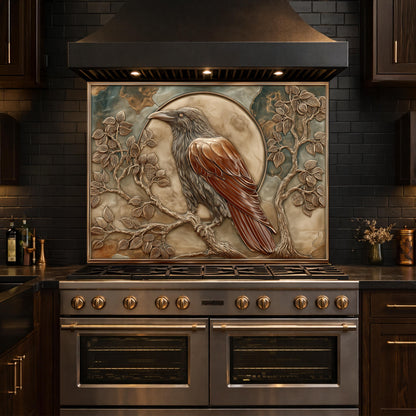 Mythical Raven & Full Moon Tempered Glass Backsplash, Copper Relief Look Wall Panel, Stove Guard