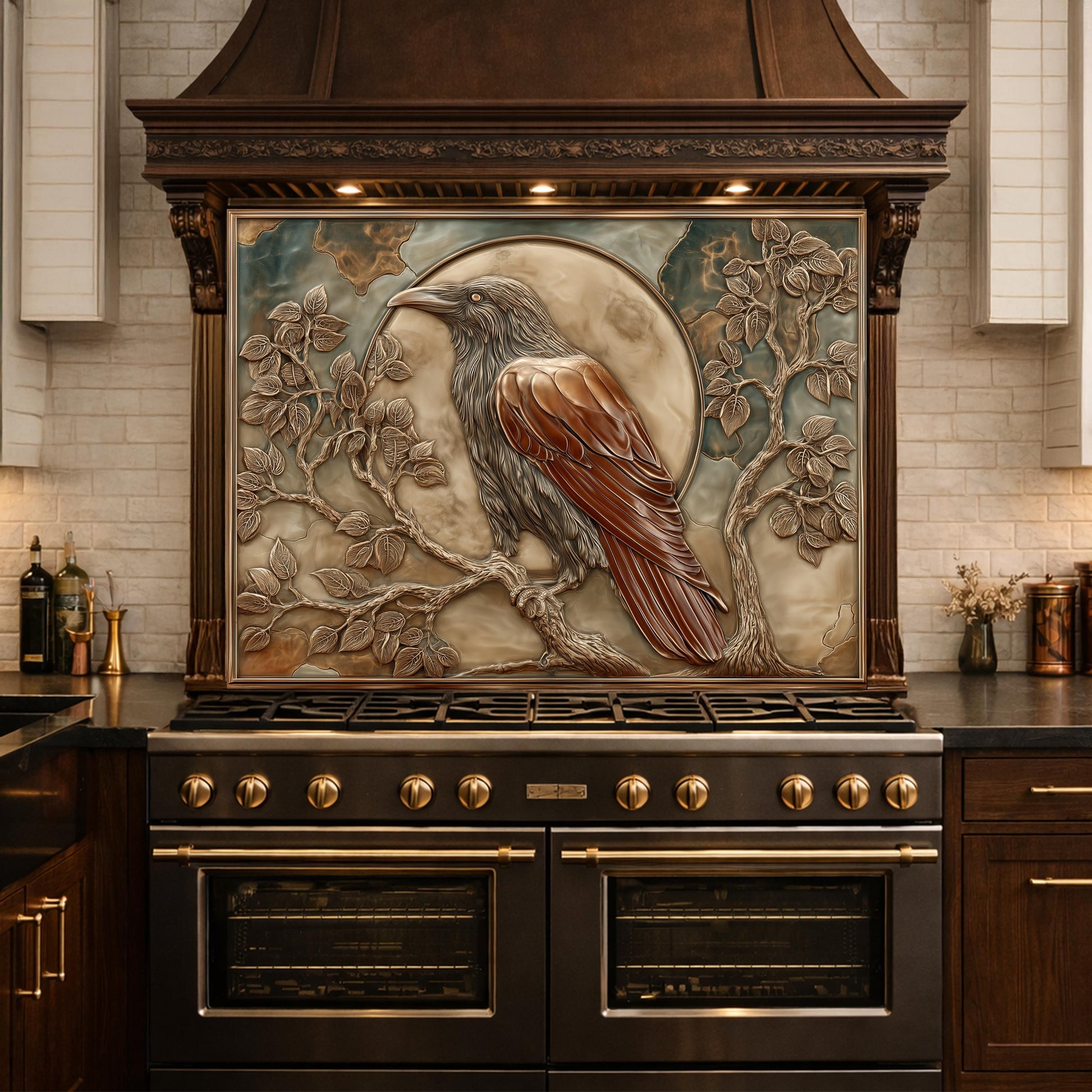 Mythical Raven & Full Moon Tempered Glass Backsplash, Copper Relief Look Wall Panel, Stove Guard