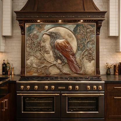 Mythical Raven & Full Moon Tempered Glass Backsplash, Copper Relief Look Wall Panel, Stove Guard