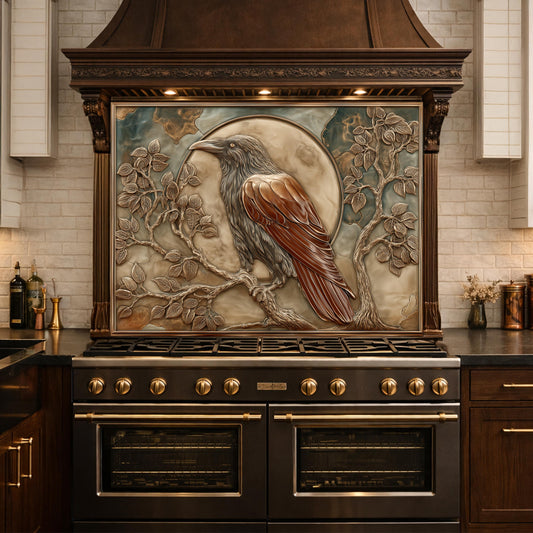 Mythical Raven & Full Moon Tempered Glass Backsplash, Copper Relief Look Wall Panel, Stove Guard