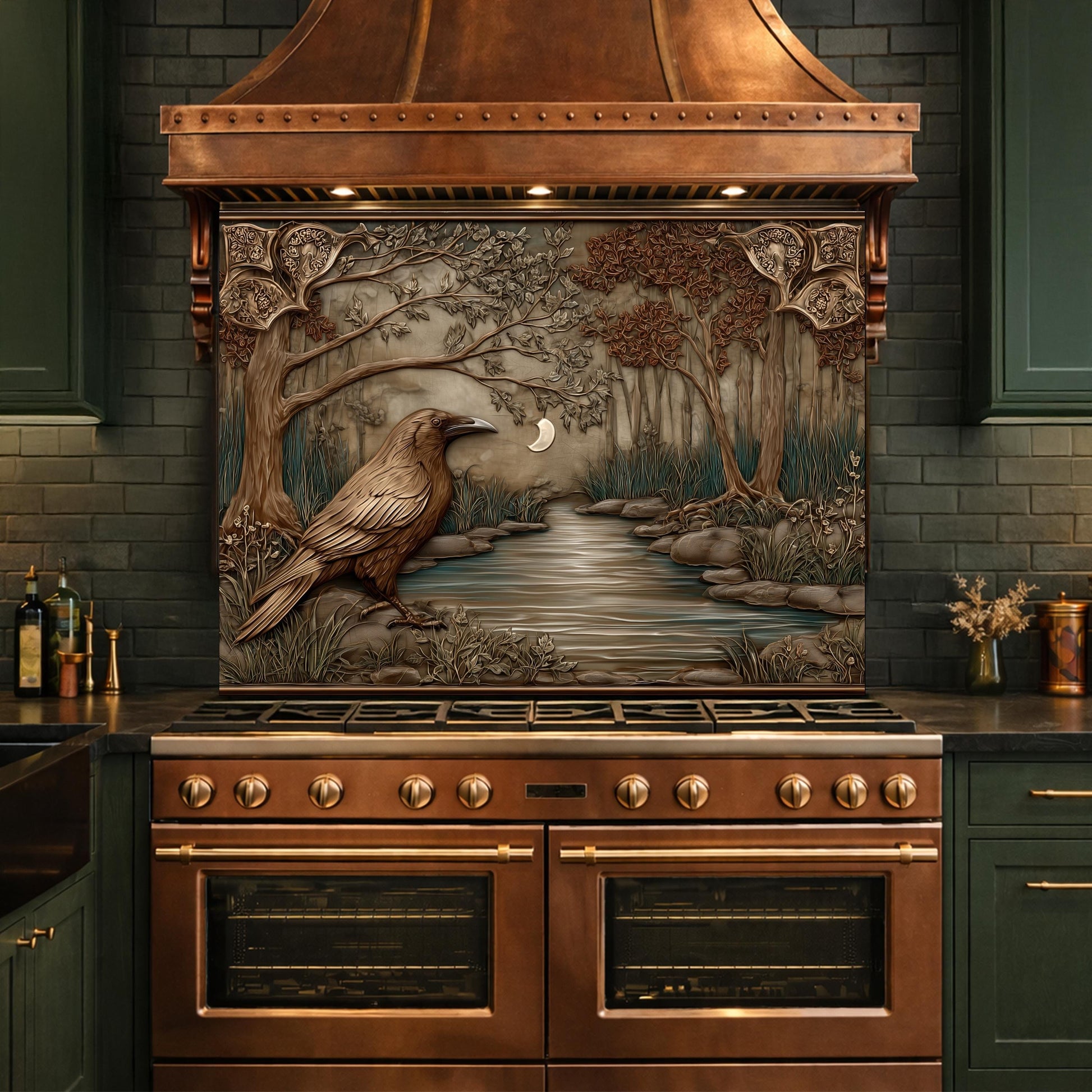Tempered Glass Backsplash, Mythical Raven Forest Scene, Copper Relief Look Wall Panel