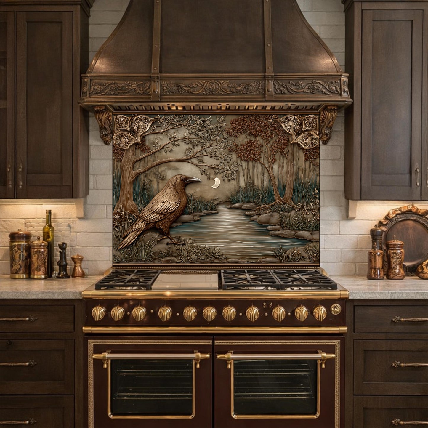 Tempered Glass Backsplash, Mythical Raven Forest Scene, Copper Relief Look Wall Panel