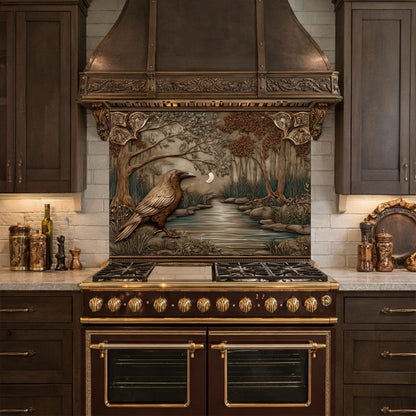 Tempered Glass Backsplash, Mythical Raven Forest Scene, Copper Relief Look Wall Panel