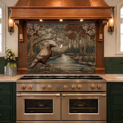 Tempered Glass Backsplash, Mythical Raven Forest Scene, Copper Relief Look Wall Panel