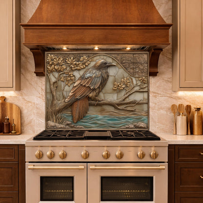 Mythical Raven Tempered Glass Backsplash, Copper Relief Look Wall Panel, Stove Guard