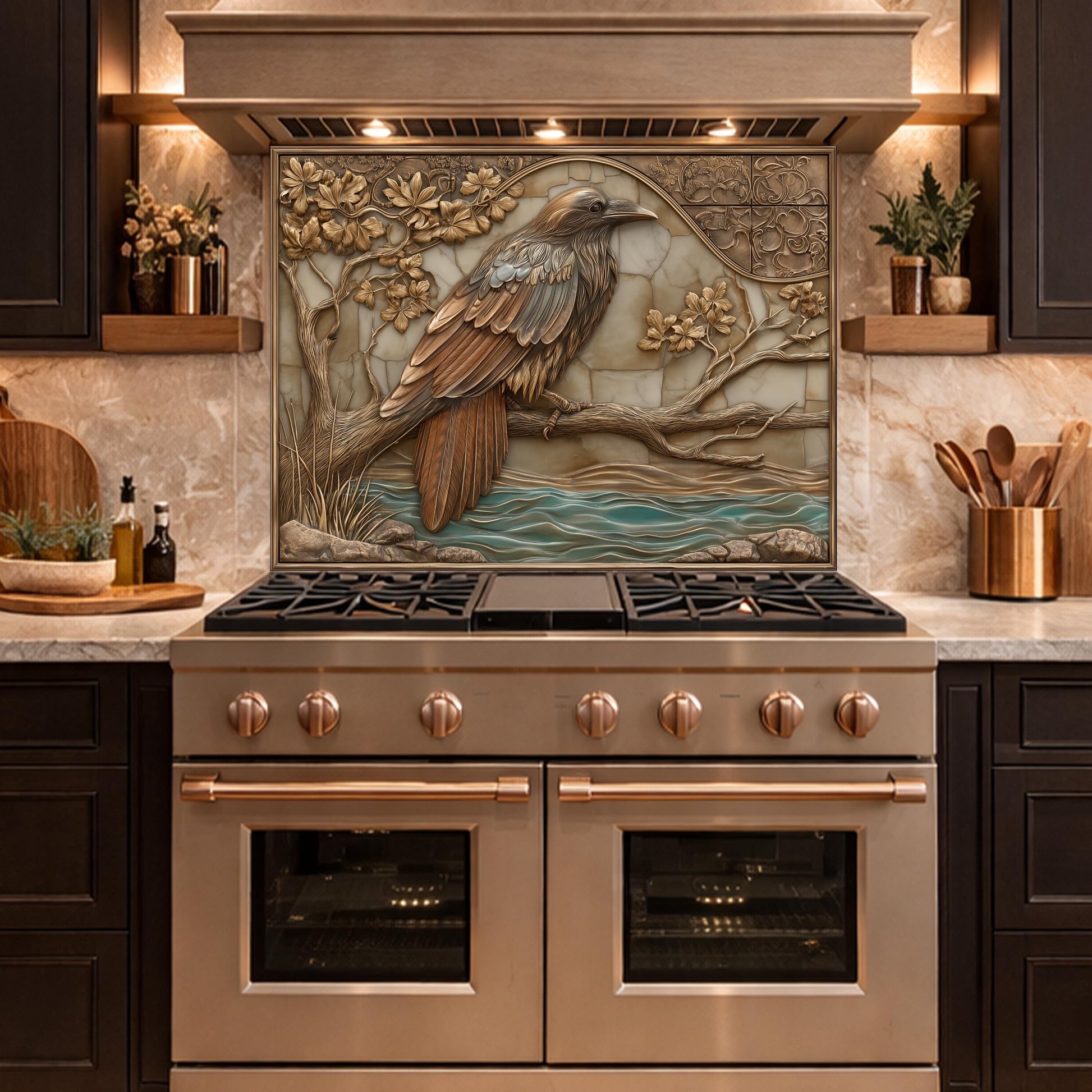 Mythical Raven Tempered Glass Backsplash, Copper Relief Look Wall Panel, Stove Guard